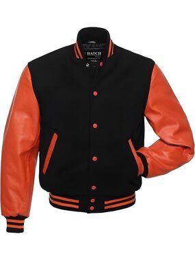Men’s Black Orange Genuine Leather Sleeve Varsity Letterman Jacket